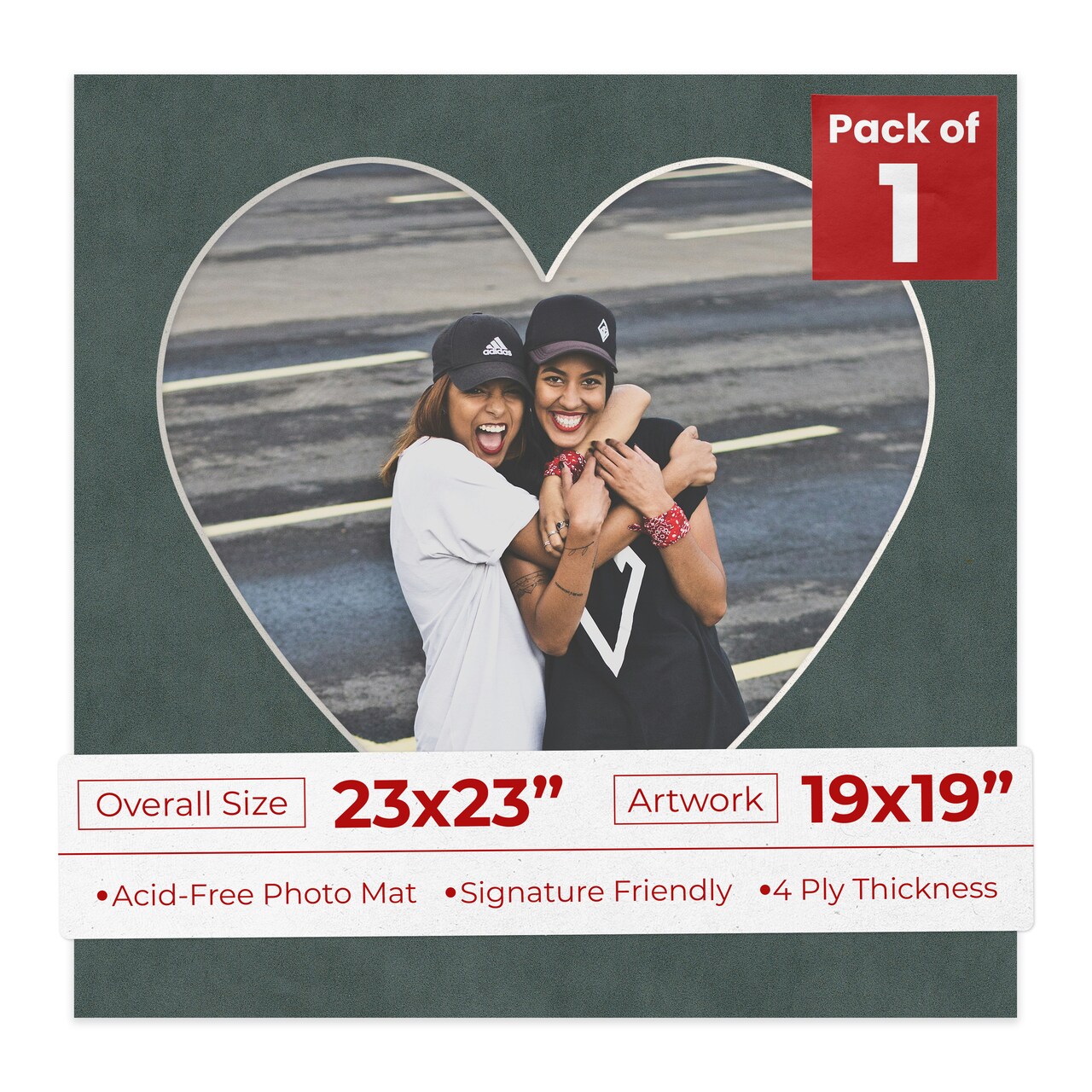 Dark Grey Suede Mat Board for 23x23 Frames - Heart Opening for 19x19 Photos